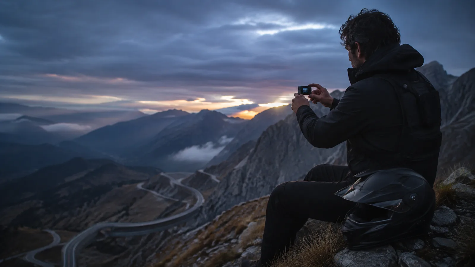 Rider capturing an outdoor adventure with an action camera
